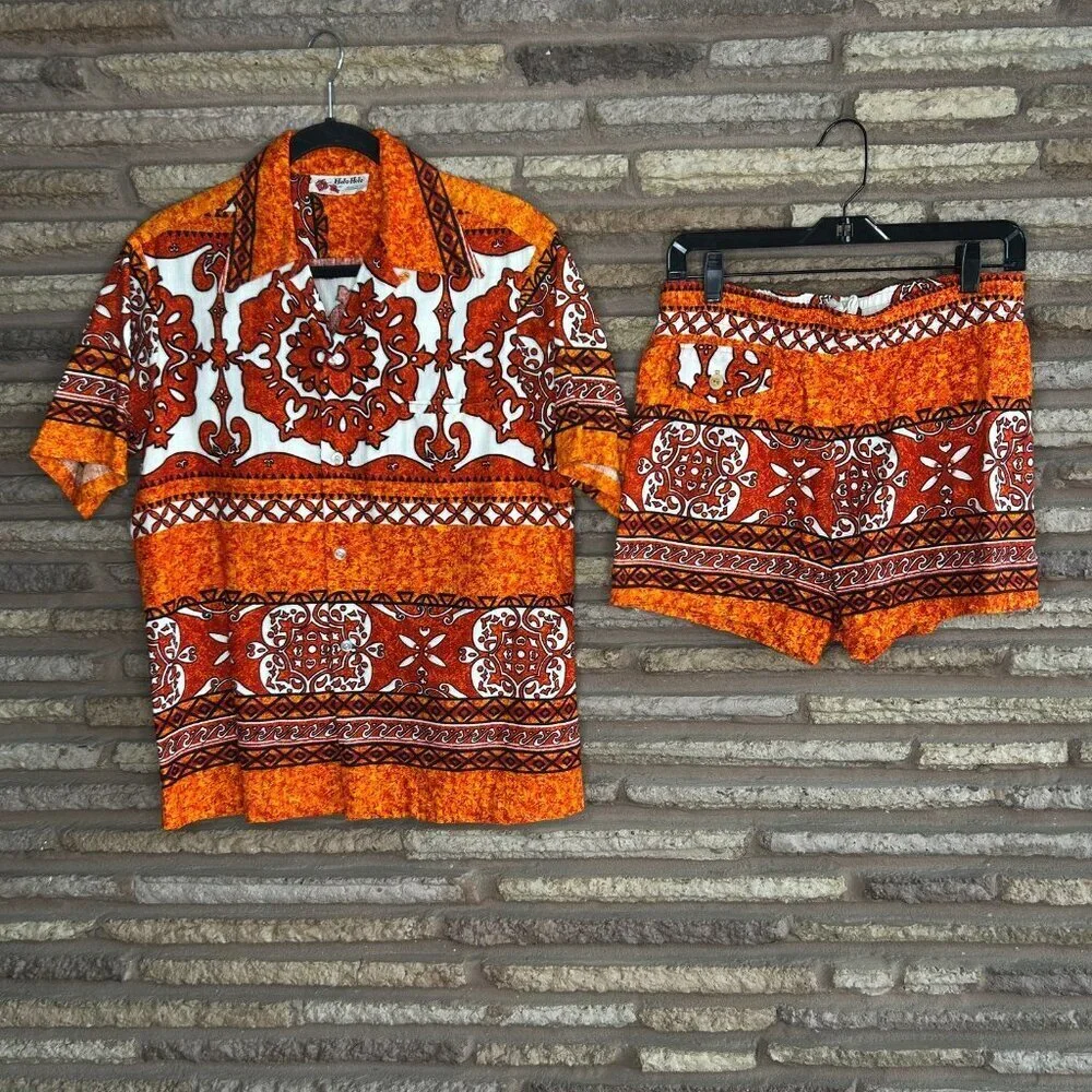 Holo Holo Vintage 70s Barkcloth Men's Swim Orange Tapa Print Shirt and Shorts